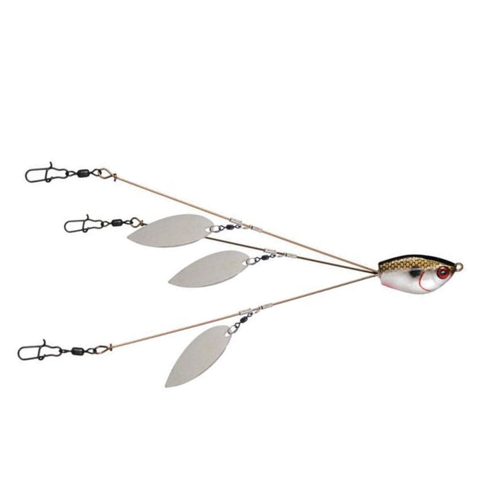 Yum Yumbrella Flash Mob Jr. Umbrella Rig fishing lure with three silver blades attached to wire arms extending from a lifelike fish-shaped head, designed for musky fishing tackle.