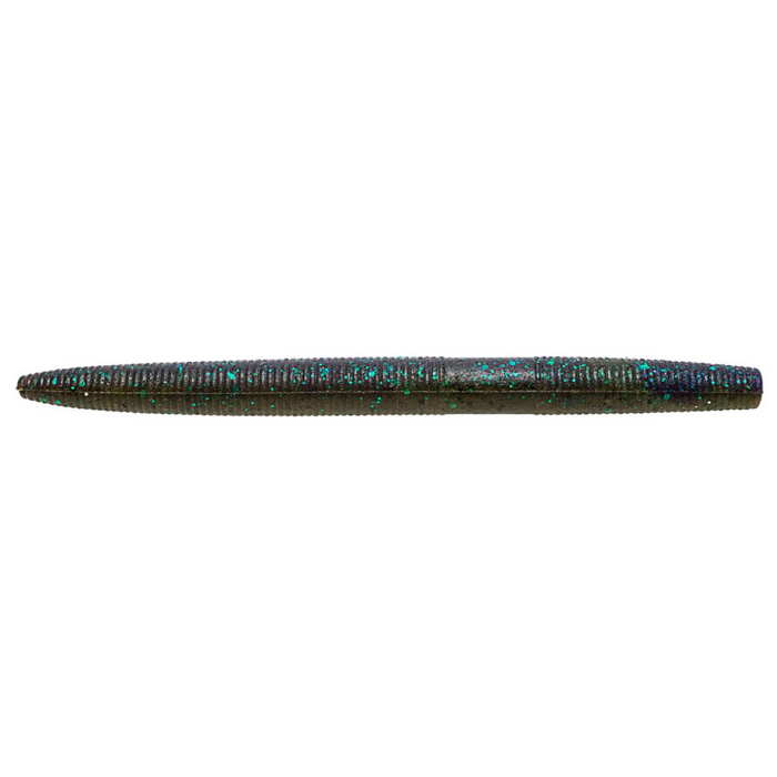 Z-Man 5" ZinkerZ softbait fishing lure in dark color with blue and green glitter, designed for freshwater fishing tackle.