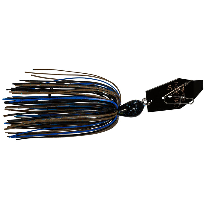Z-Man Big Blade Chatterbait fishing lure featuring a black and blue skirt with a metallic blade and integrated hook designed for attracting musky and other game fish.