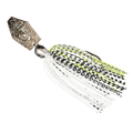 Z-Man Chatterbait Tungsten Elite Evo fishing lure with a silver, black, white, and chartreuse skirt and a metallic, angular tungsten blade designed for musky and other predator fish.