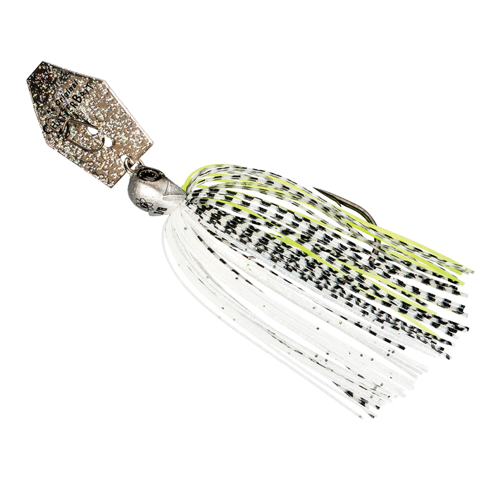 Z-Man Chatterbait Tungsten Elite Evo fishing lure with a silver, black, white, and chartreuse skirt and a metallic, angular tungsten blade designed for musky and other predator fish.
