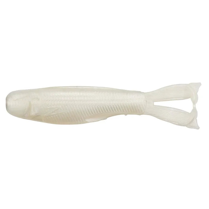 Z-Man Diezel Kickerz soft plastic fishing lure in pearly white color designed with twin paddle tails for lifelike action in water.