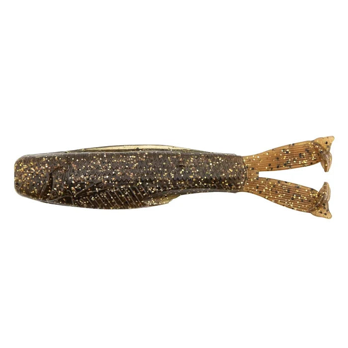 Soft plastic fishing lure with a dark brown body and amber-colored split tail, flecked with gold glitter, designed as the Z-Man Diezel Kickerz for fishing tackle.