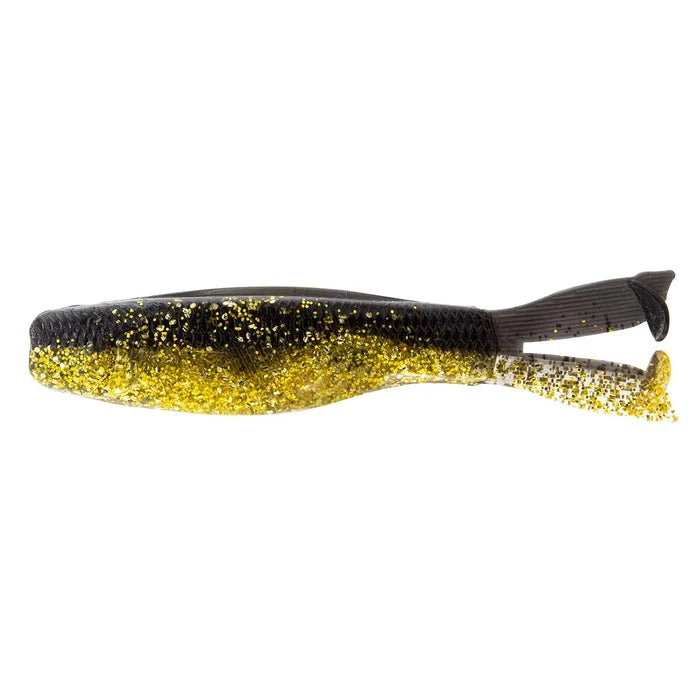 Z-Man Diezel Kickerz fishing lure in black and gold with glitter accents, featuring a soft paddle tail designed to attract musky and other game fish.