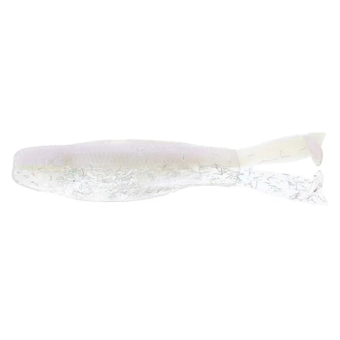 Z-Man Diezel Kickerz fishing lure in pearly white with reflective flakes, designed to mimic baitfish for effective freshwater and musky fishing tackle use.
