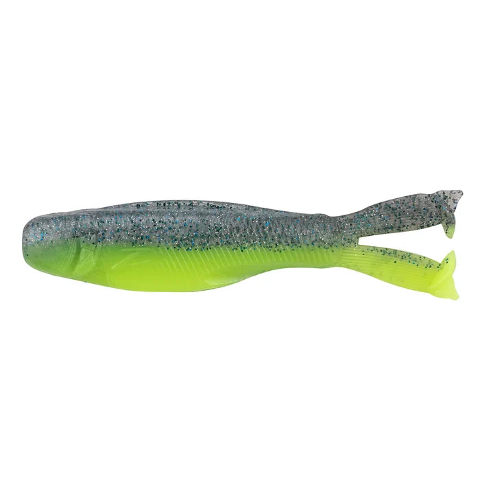 Z-Man Diezel Kickerz soft fishing lure in green and gray with glitter flakes, featuring a ribbed body and twin paddle tails for lifelike movement in water.