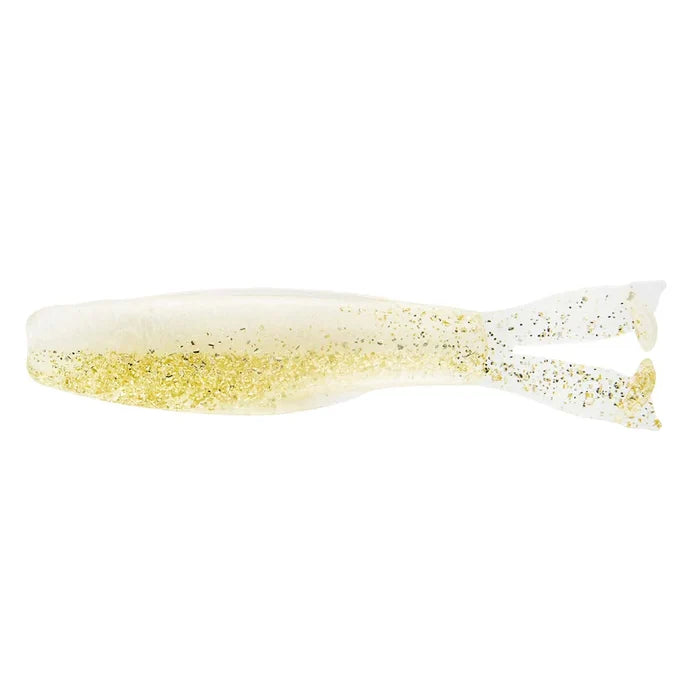 Z-Man Diezel Kickerz soft plastic fishing lure in translucent white with gold glitter, designed for effective fishing tackle use.