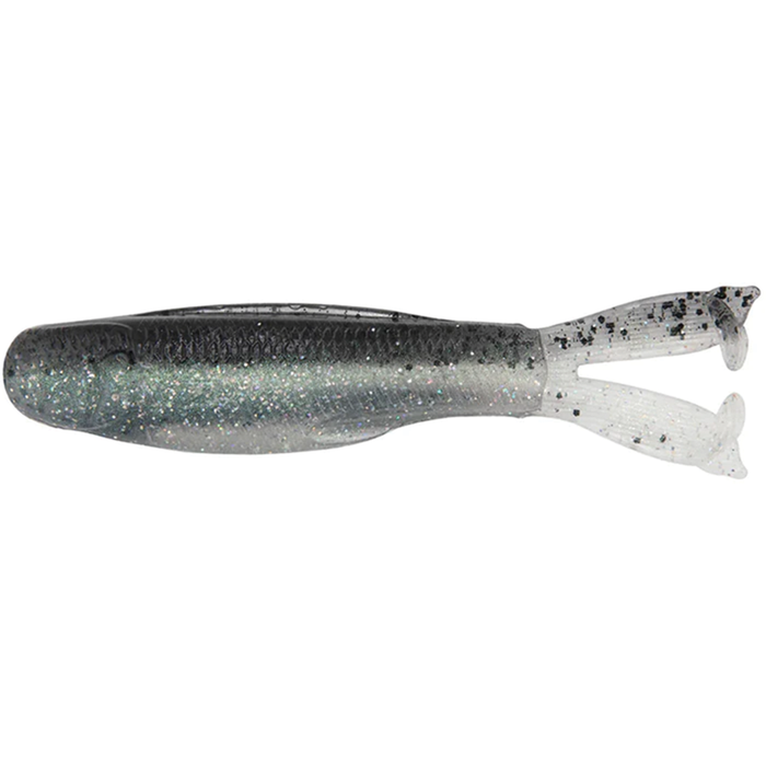 Z-Man Diezel Kickerz soft plastic fishing lure in translucent silver with black speckles and twin paddle tail, designed for effective musky fishing tackle.