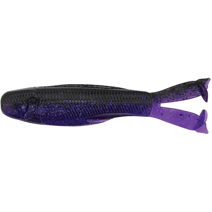 Z-Man Diezel Kickerz soft fishing lure in black and purple with speckled detailing, designed to mimic a small baitfish for effective fishing tackle use.
