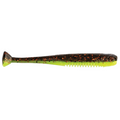 Z-Man Drop Kickerz soft plastic fishing lure in green and dark brown with orange flecks, featuring a ribbed body and paddle tail for lifelike movement in water.
