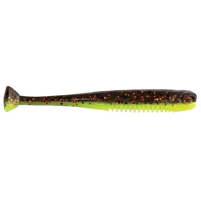 Z-Man Drop Kickerz soft plastic fishing lure in green and dark brown with orange flecks, featuring a ribbed body and paddle tail for lifelike movement in water.
