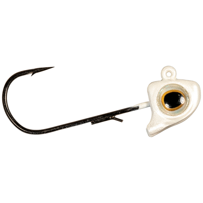 Z-Man Finesse Eyez Swimbait Jig with a white jig head featuring a large realistic eye and a sharp black hook, designed for fishing tackle and lure applications.