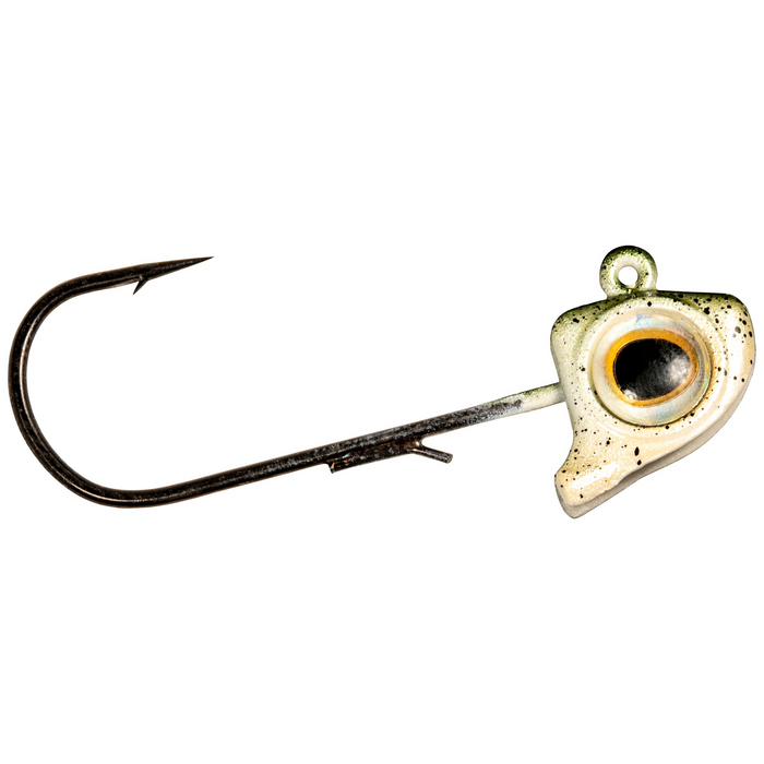 Close-up of a Z-Man Finesse Eyez Swimbait Jig featuring a single black fishing hook attached to a molded jig head with a detailed eye design and speckled paint finish, designed for fishing tackle use.