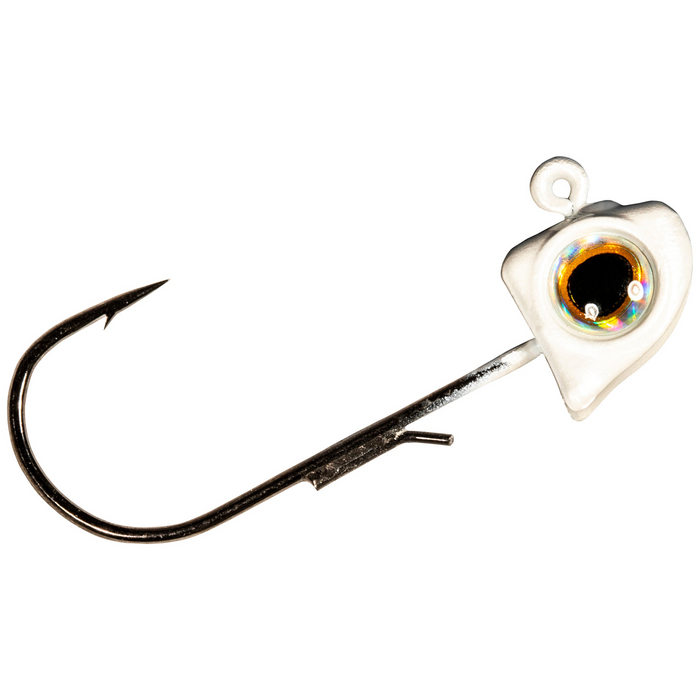 Close-up of a Z-Man Finesse Eyez Swimbait Jig featuring a sharp hook attached to a white jig head with a realistic, holographic eye designed for fishing tackle use.