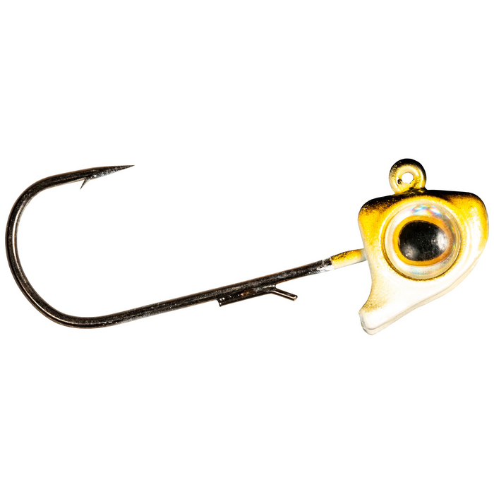 Z-Man Finesse Eyez Swimbait Jig featuring a single sharp hook with a gold and white jig head designed to resemble a fish eye, ideal for fishing tackle and lures.