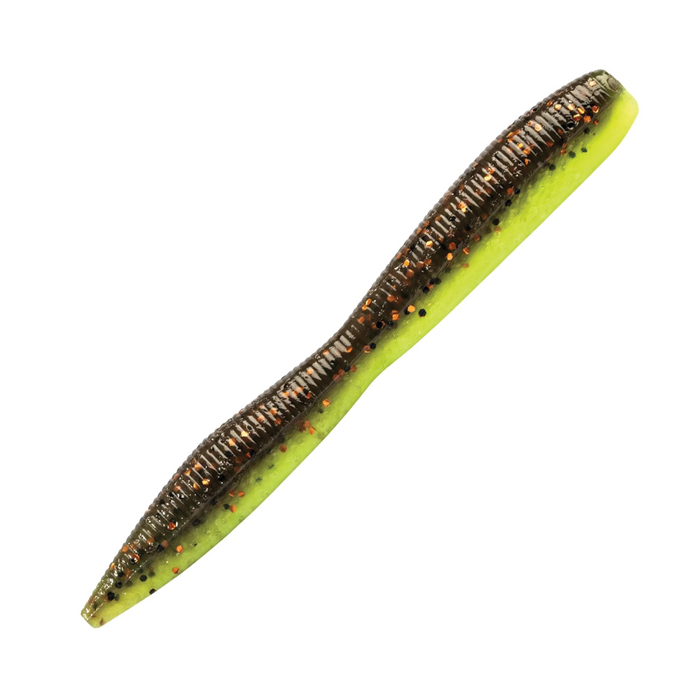 Z-Man Finesse TRD Fattyz 3.25" soft plastic fishing lure with a segmented, worm-like body featuring a dark upper side with orange and black flakes and a bright chartreuse underside.