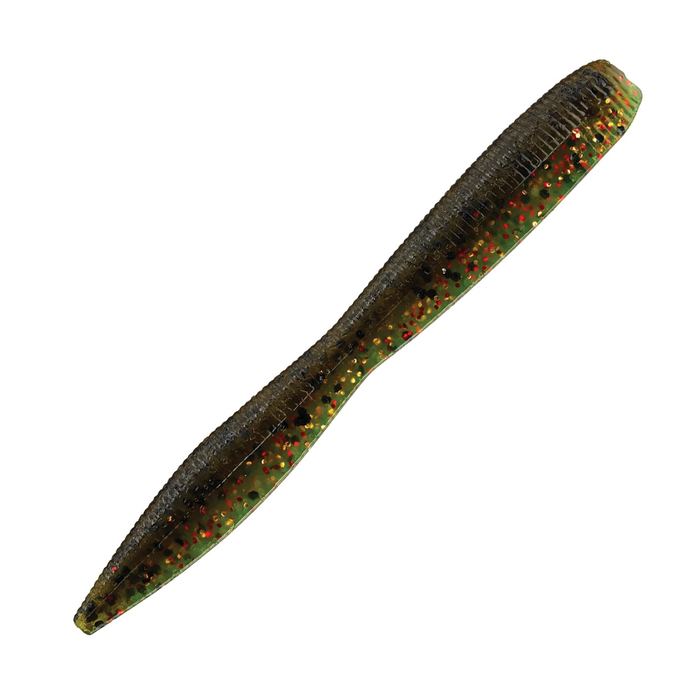 Soft plastic fishing lure in green and brown with red and black flecks, resembling a worm, designed for freshwater fishing called Z-Man Finesse TRD Fattyz 3.25".