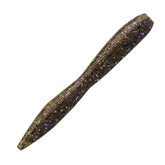 Z-Man Finesse TRD Fattyz 3.25 inch soft plastic fishing lure in dark color with purple and gold glitter flakes, designed for finesse fishing techniques and fishing tackle enthusiasts.
