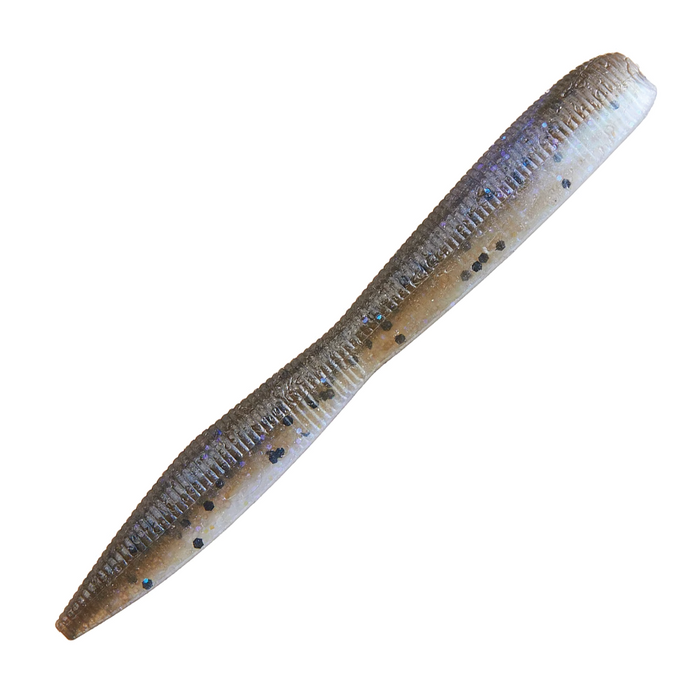 Soft plastic fishing lure with segmented body and speckled pattern in natural brown and gray tones, designed for musky and finesse fishing, labeled Z-Man Finesse TRD Fattyz 3.25".