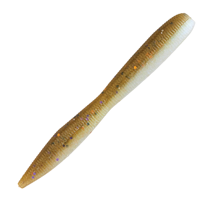Z-Man Finesse TRD Fattyz 3.25" is a soft, ribbed fishing lure in a translucent brown and white color with embedded glitter flakes, designed for finesse fishing techniques.