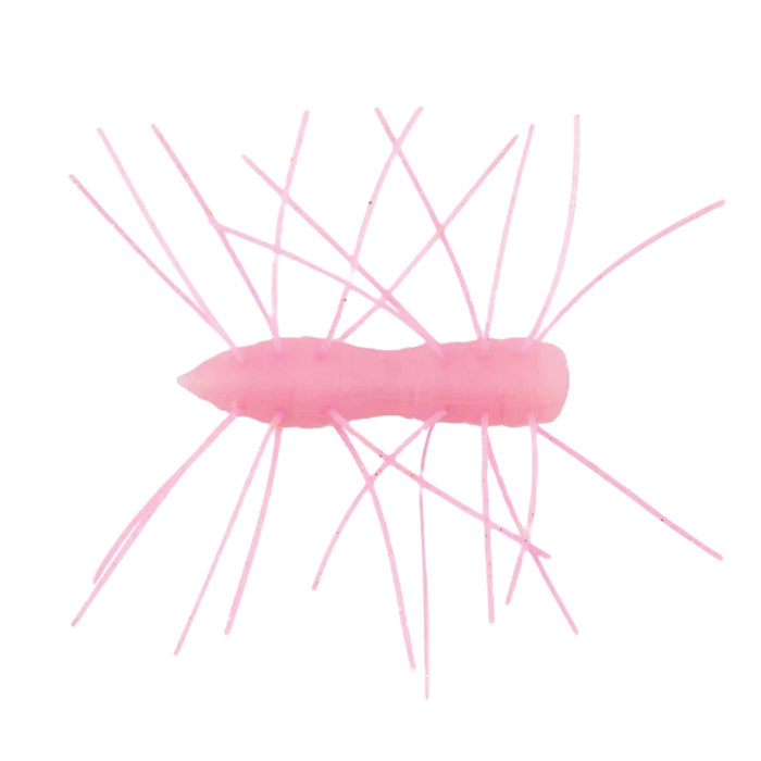 Pink soft plastic fishing lure with multiple flexible rubber legs extending from the body, designed as the Z-Man Fuzzy Bugz for fishing tackle use.