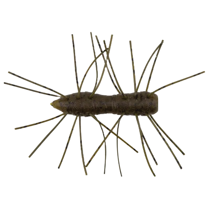 Top view of a brown Z-Man Fuzzy Bugz fishing lure featuring multiple thin, flexible appendages designed to mimic the natural movement of aquatic insects for effective fishing tackle use.