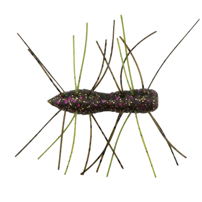 Z-Man Fuzzy Bugz fishing lure with a dark segmented body featuring multicolored glitter and multiple thin, flexible legs in green and brown for realistic water movement.