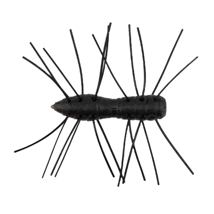 Black soft plastic fishing lure with multiple thin flexible appendages extending from its segmented body, designed for freshwater fishing, identified as Z-Man Fuzzy Bugz.