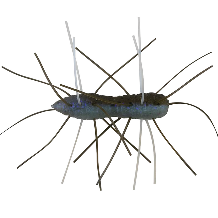 Z-Man Fuzzy Bugz fishing lure featuring a soft, segmented body with multiple thin, flexible appendages in dark and translucent colors designed to mimic insect movement in water.