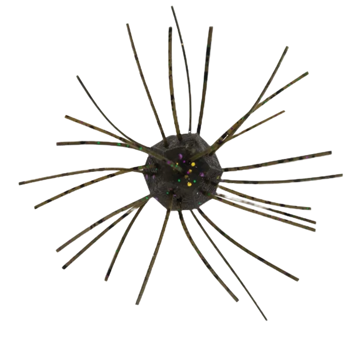 Top-down view of a Z-Man Fuzzy Nuggetz dark-colored fishing lure with multiple flexible legs extending outward, designed for attracting fish in freshwater fishing.