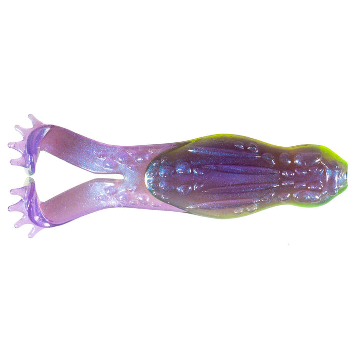 Soft plastic fishing lure shaped like a frog with purple and green colors featuring textured body and split tail legs, designed as the Z-Man Goat ToadZ for fishing tackle.