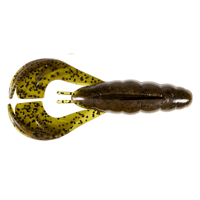 Z-Man Hella CrawZ fishing lure in green and brown with black speckles, designed to mimic a crawfish for effective musky and ice fishing tackle.