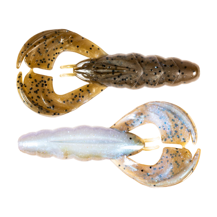 Two soft plastic fishing lures in natural and pearl colors designed as crawfish with segmented bodies and large pincers, identified as Z-Man Hella CrawZ for fishing tackle use.