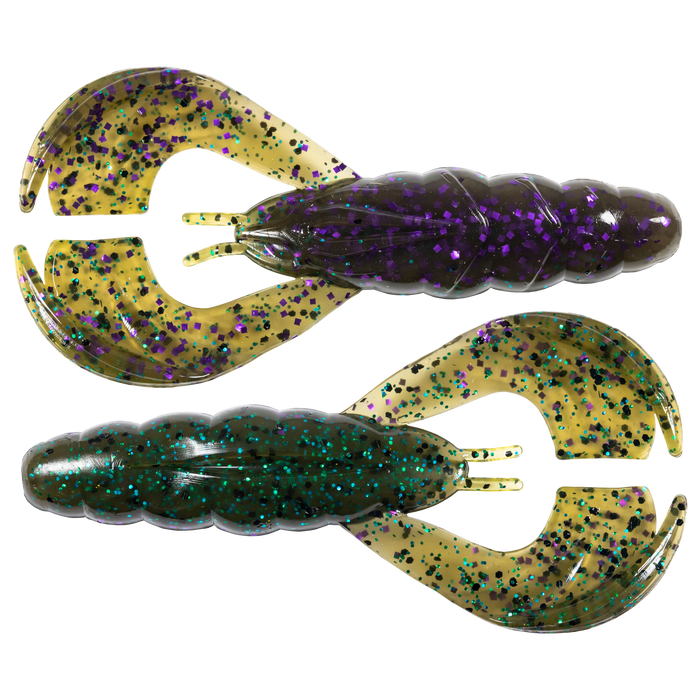 Two Z-Man Hella CrawZ soft plastic fishing lures in green and purple hues with glitter accents, designed to mimic crawfish for effective fishing tackle bait.