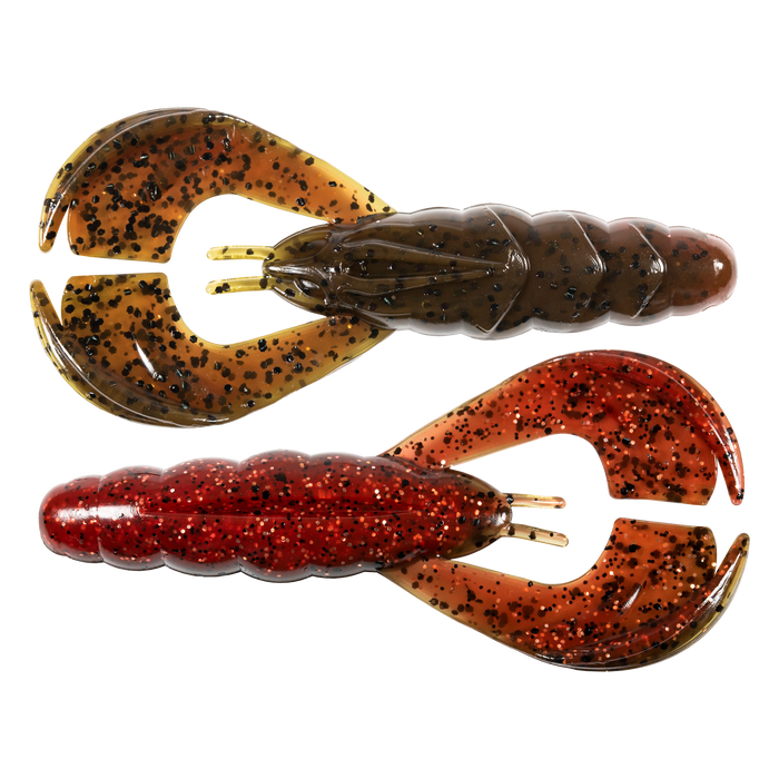 Two Z-Man Hella CrawZ fishing lures designed to mimic crawfish, featuring segmented bodies and large pincers in natural brown and reddish hues with black speckles for realistic fishing tackle appeal.