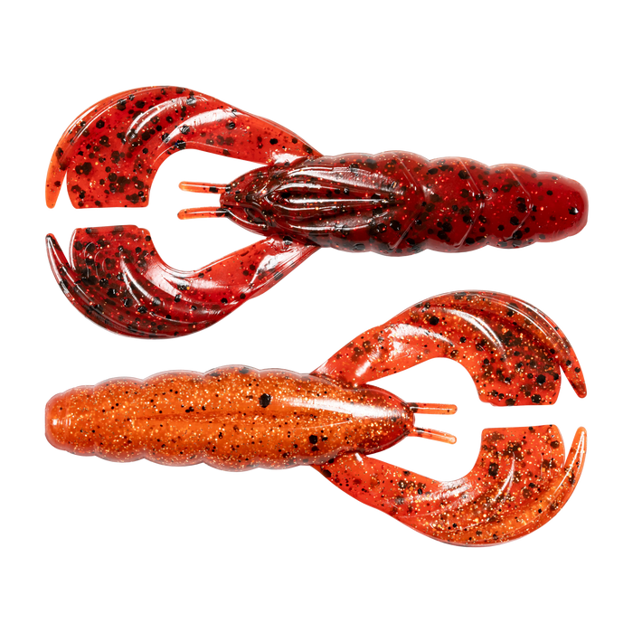Two soft plastic fishing lures in red and orange hues with black speckles, each shaped like a crawfish with segmented body and large curved claws, labeled Z-Man Hella CrawZ.