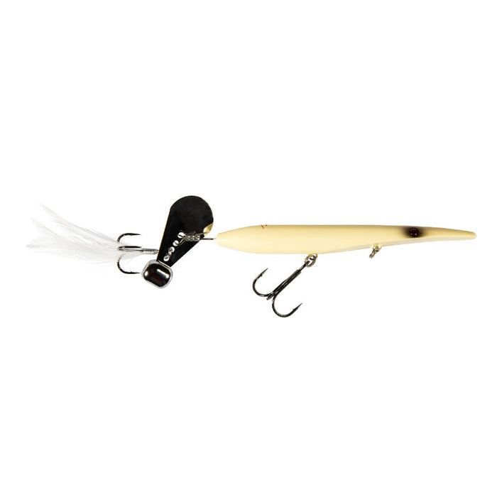 Z-Man HellraiZer fishing lure in light cream color with two treble hooks and feathered tail, designed for musky and freshwater fishing tackle.
