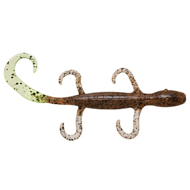 Z-Man LizardZ fishing lure shaped like a small brown and green lizard with a curled tail and detailed legs, designed for use as fishing tackle in musky and freshwater fishing.