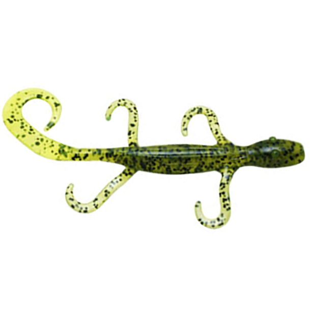 Green and black speckled soft plastic fishing lure shaped like a small salamander with curled tail and multiple legs, Z-Man LizardZ designed for fishing tackle use.