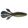 Soft plastic fishing lure in dark green with blue glitter flecks, featuring a ribbed body and split tail designed for lifelike movement, identified as Z-Man Palmetto BugZ.