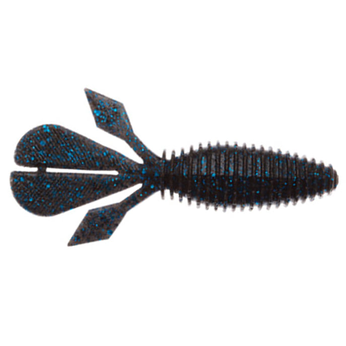 Soft plastic fishing lure in dark color with blue glitter, ribbed body and split tail designed for fishing, identified as Z-Man Palmetto BugZ.