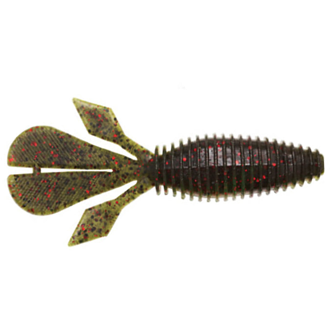 Soft plastic fishing lure in dark green with red flecks, featuring a ribbed body and multi-tail design, designed for musky and freshwater fishing, Z-Man Palmetto BugZ.