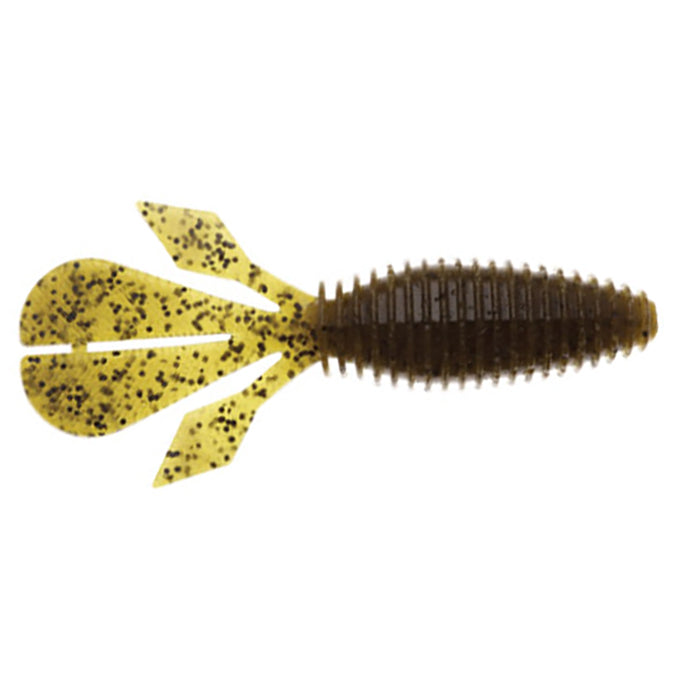 Z-Man Palmetto BugZ soft plastic fishing lure with a ribbed olive green body and yellow tail featuring black speckles, designed for effective fishing tackle use.