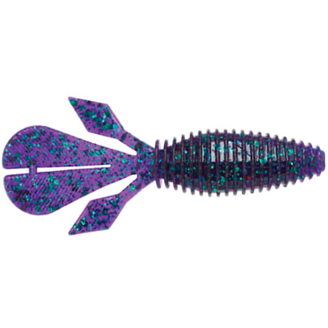 Close-up of a purple and blue speckled soft plastic fishing lure designed for freshwater fishing, identified as Z-Man Palmetto BugZ, ideal for fishing tackle.