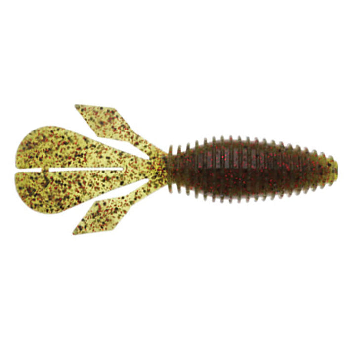Soft plastic fishing lure Z-Man Palmetto BugZ in olive green with red flecks, featuring segmented ribbed body and multi-tail design for lifelike movement in water.