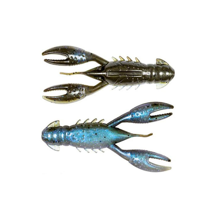 Two soft plastic fishing lures shaped like crawfish in dark gray with black speckles and blue with black speckles, designed as Z-Man Pro CrawZ for fishing tackle.
