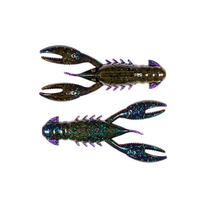 Two detailed soft plastic fishing lures in dark green with blue and purple glitter, shaped like crawfish, designed to attract musky fish, known as Z-Man Pro CrawZ.