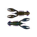 Two detailed soft plastic fishing lures in dark green with blue and purple glitter, shaped like crawfish, designed to attract musky fish, known as Z-Man Pro CrawZ.