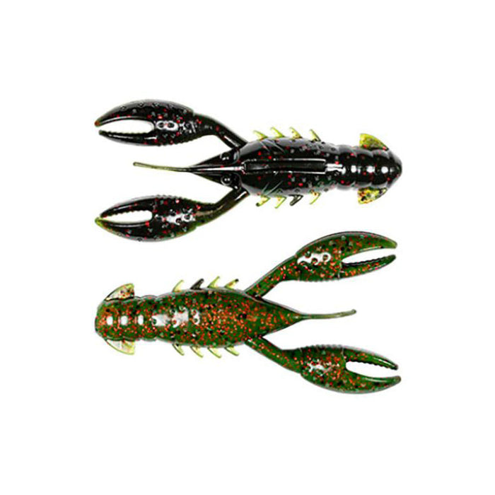Two fishing lures designed to resemble crawfish with detailed pincers and segmented bodies, one black with red speckles and the other green with red speckles, identified as Z-Man Pro CrawZ.