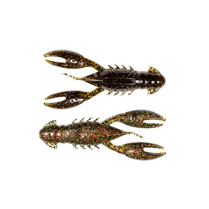 Two lifelike fishing lures shaped like crawfish in dark brown and speckled green colors, designed as Z-Man Pro CrawZ for musky and ice fishing tackle.